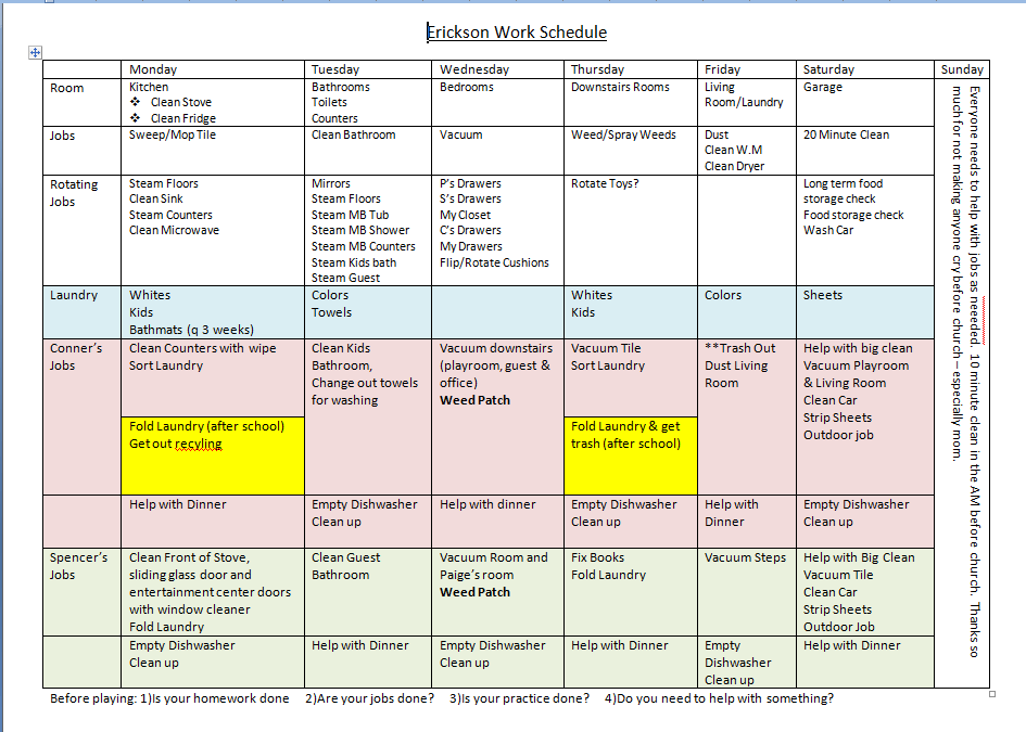 house cleaning schedule template