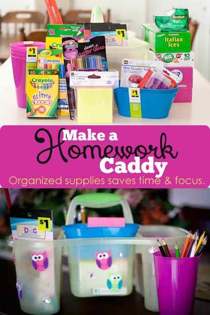 Making a homework caddy can help your child stay focused because all their supplies are within arms reach!  Wherever you're doing homework!