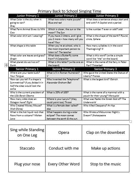 Primary singing time printable sheet