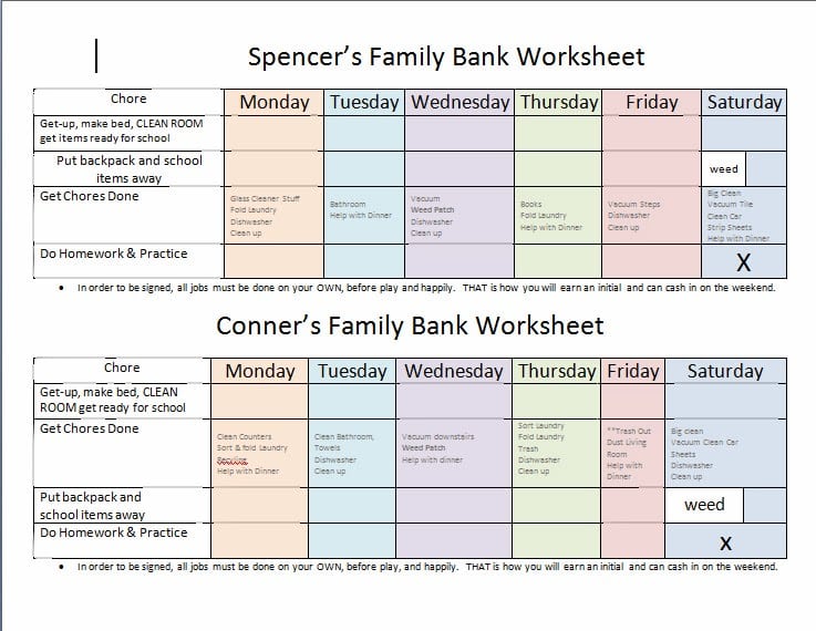 Allowance chart for kids to sign-off on their jobs.