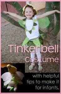 How to make a Tinkerbell costume for a baby, toddler or preschooler.  ALSO with tips for sewing on sparkly fabric (made by the devil himself)