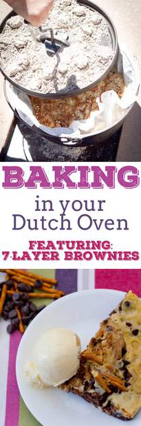 Dutch oven baking | brownies | 7-layer | easy recipes | camping | products | charcoal via @pullingcurls