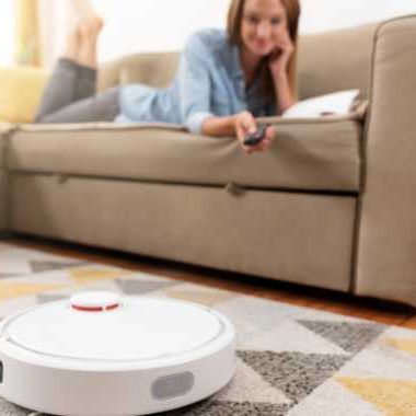 Woman on couch watching robot vacuum
