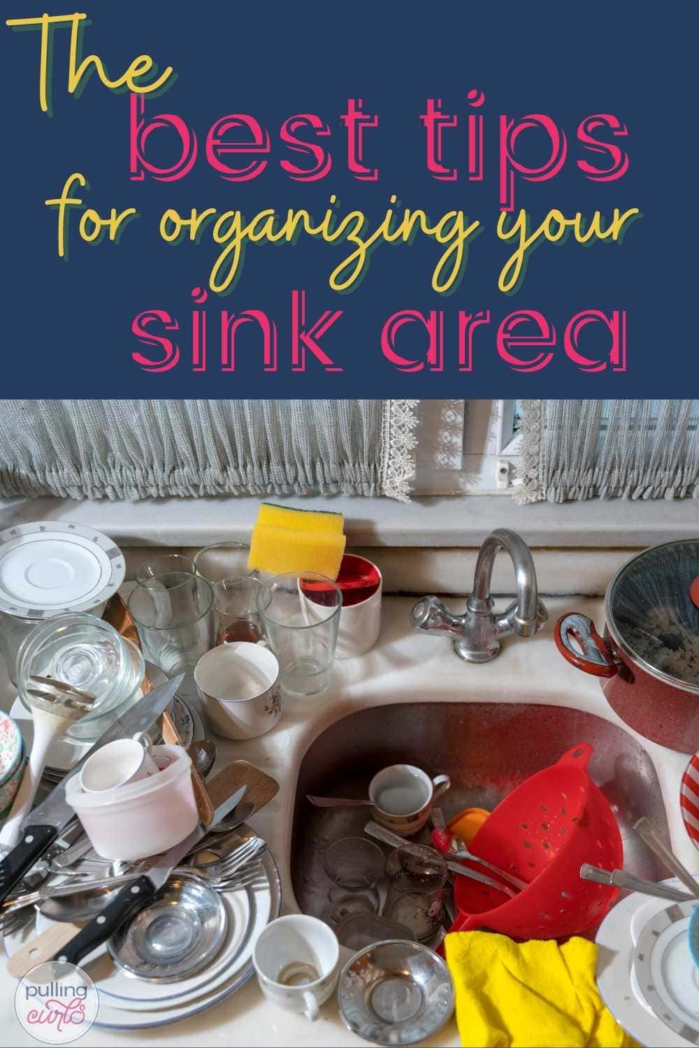 Top of the kitchen sink organization is imperative to cleaning up your kitchen quickly and effectively. Even if it's small, on an island or you just need to DIY something, this post has the tools for you! via @pullingcurls