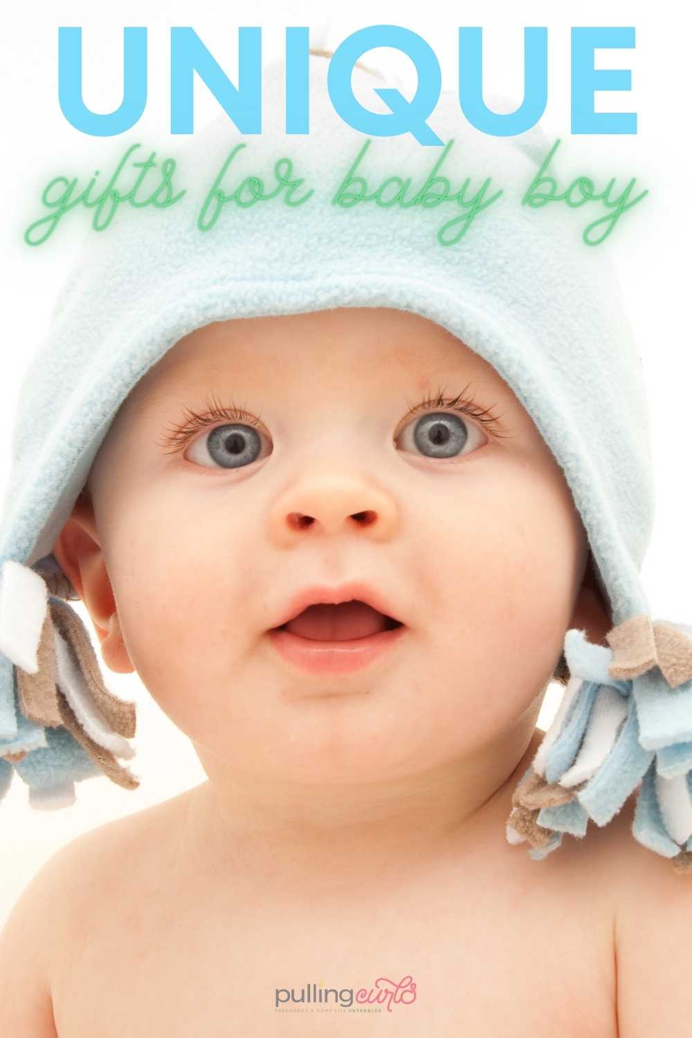 Unique gifts for baby boy. Baby boy with blue hat on. via @pullingcurls