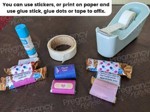 nurse miniature candy bar wrappers using tape, glue dots or glue stick