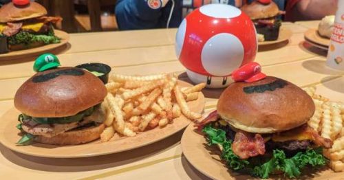 food at toadstool cafe -- mario and luigi burger, and the mushroom soup
