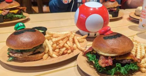 food at toadstool cafe -- mario and luigi burger, and the mushroom soup