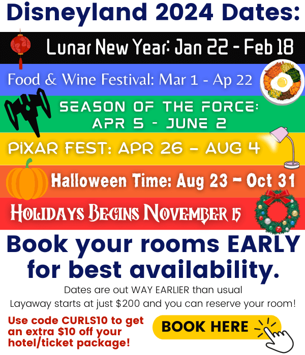 Disneyland 2024 calendar: Lunar New Year: January 22 - February 18, 2024 Disney California Adventure Food & Wine Festival: March 1 - April 22, 2024 Season of the Force: April 5 - June 2, 2024 Pixar Fest: April 26 - August 4, 2024 Halloween Time: August 23 - October 31, 2024 Holidays at Disneyland Resort: Begins November 15, 2024