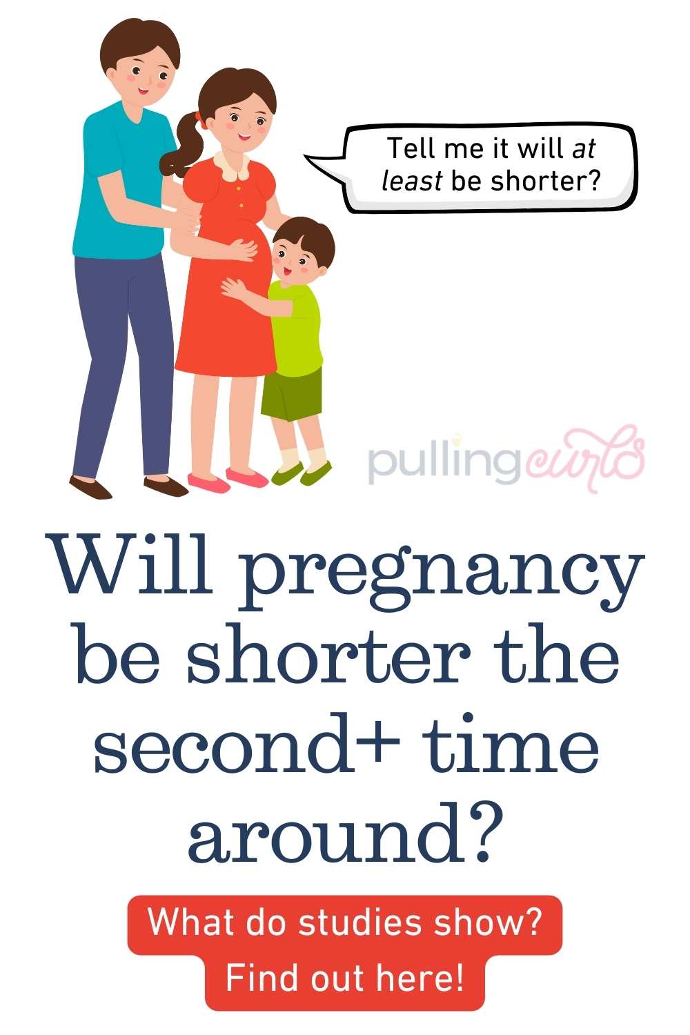 pregnant family with the mom saying "will it at least be shorter this time" // will pregnancy be shorter the second+ time around? What do studies show, find out here? via @pullingcurls