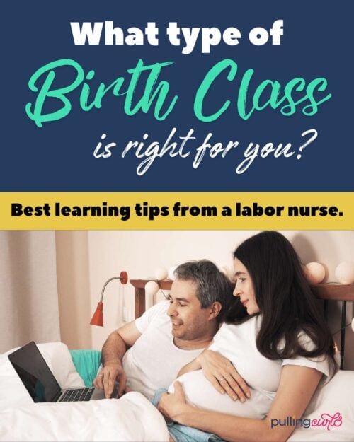 pregnant couple looking at a laptop -- what type of birth class is right for you -- best learning tips from a labor nurse.