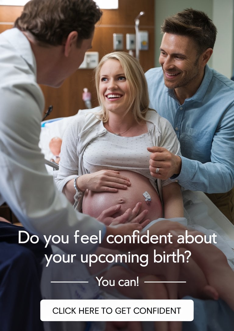 A cinematic shot of a happy pregnant couple in a hospital room. The woman gives birth with the help of a doctor. The man holds her hand and looks at her with love and support. There is a text overlay that says